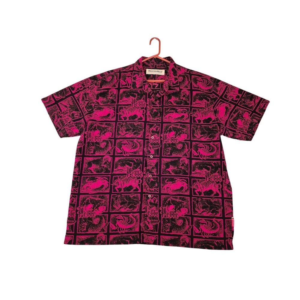 Pelle Pelle Marc Buchanan Sz XXL Red Black‎ Zodiac Print Button Up Shirt VTG Y2K